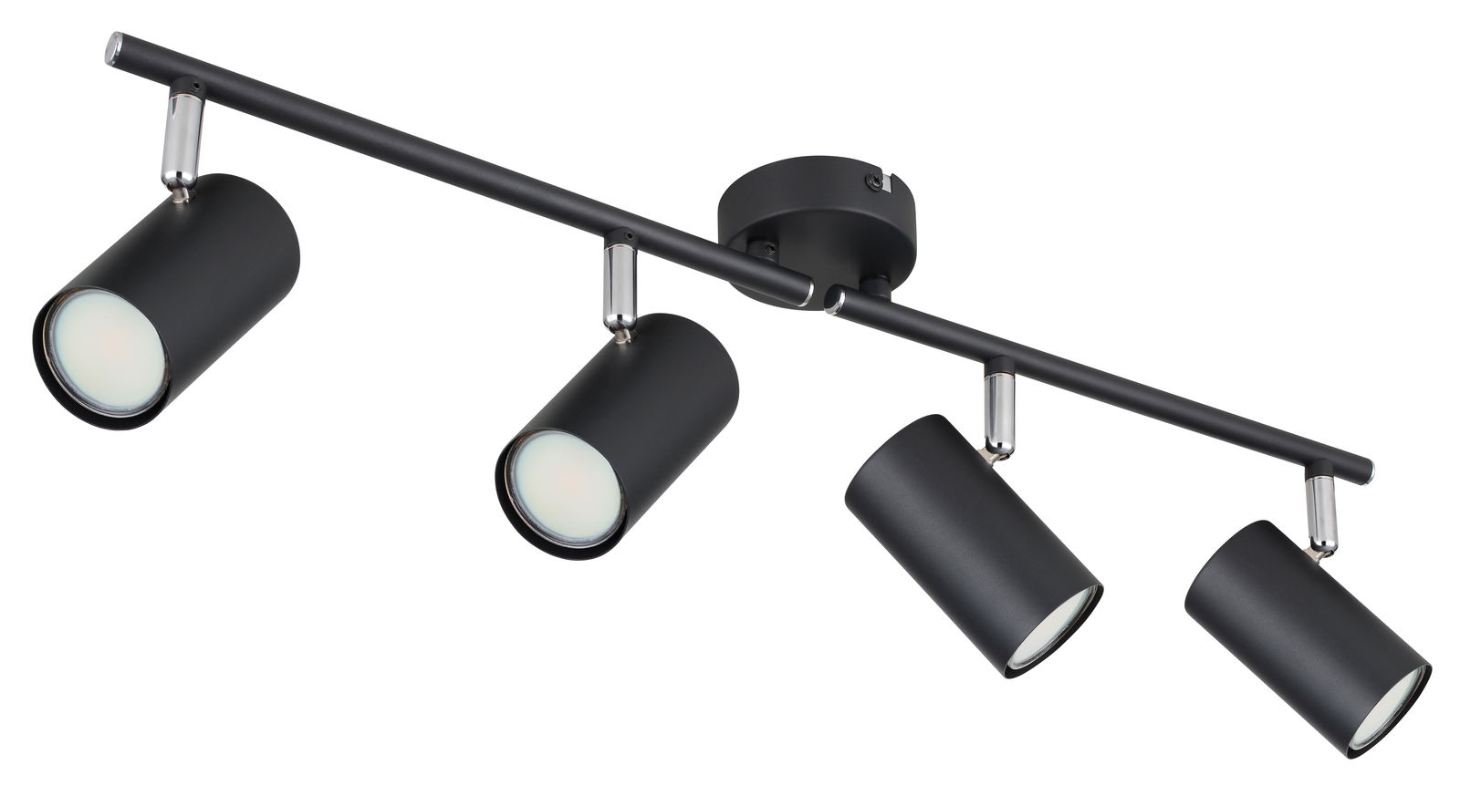 Schwarzer Deckenstrahler mit vier verstellbaren Spots, seitliche Perspektive