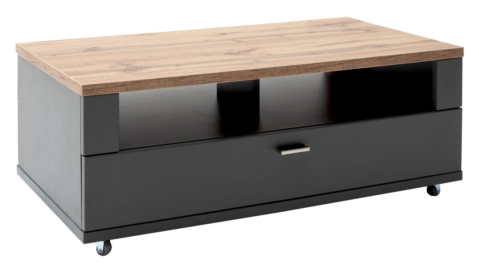 Stylife Couchtisch NEAPEL Moderner Couchtisch mit Holzplatte und dunklem Korpus, seitliche Perspektive