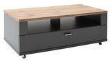Moderner Couchtisch mit Holzplatte und dunklem Korpus, seitliche Perspektive