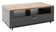Moderner Couchtisch mit Holzplatte und dunklem Korpus, seitliche Perspektive