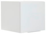 Weißer Aufsatzschrank mit einer Tür, seitliche Perspektive