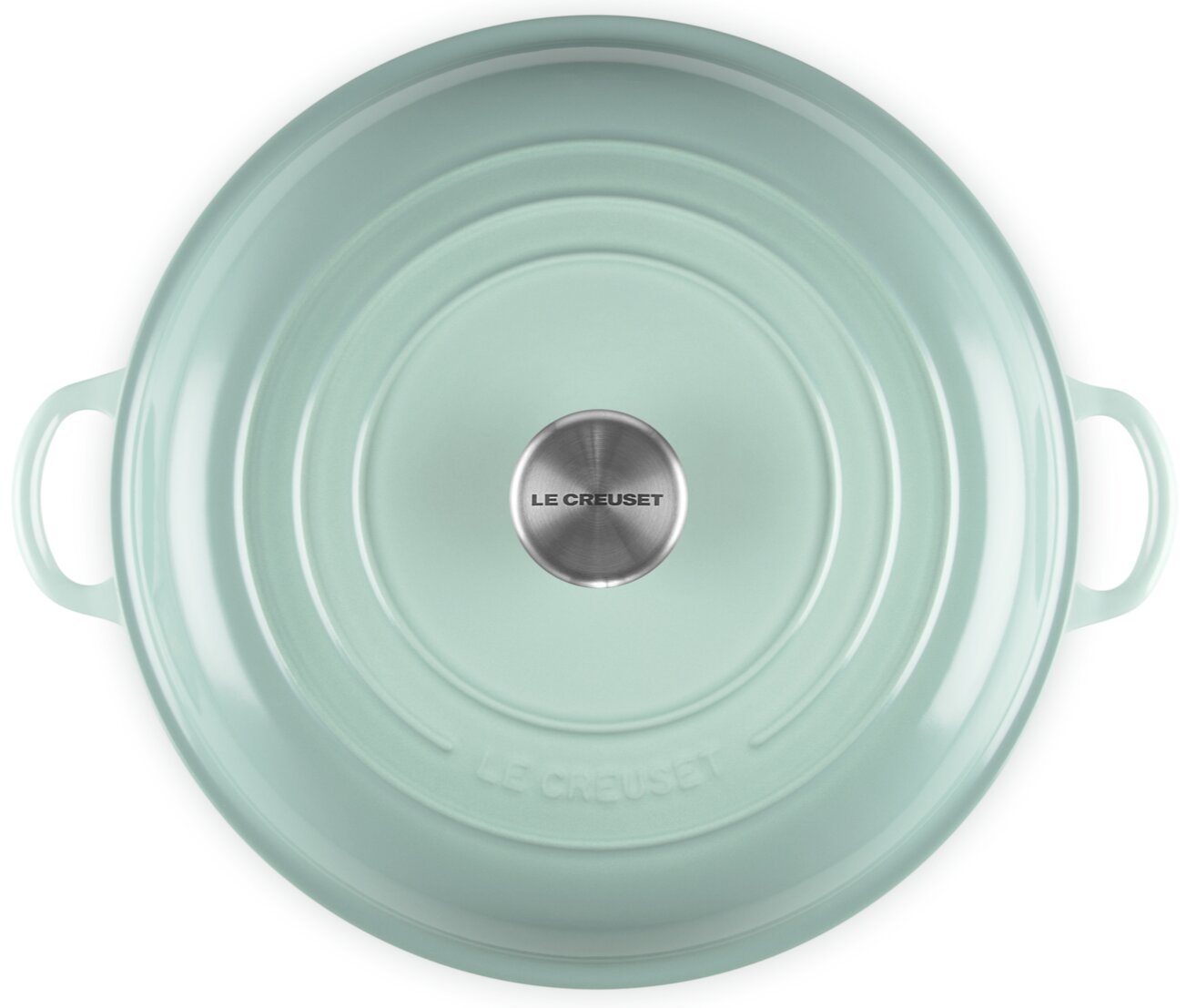 LE CREUSET Gourmet-Profitopf 30cm SAGE Mintgrüner Le Creuset Bräter mit Deckel und seitlichen Griffen, Draufsicht von oben auf weißem Hintergrund