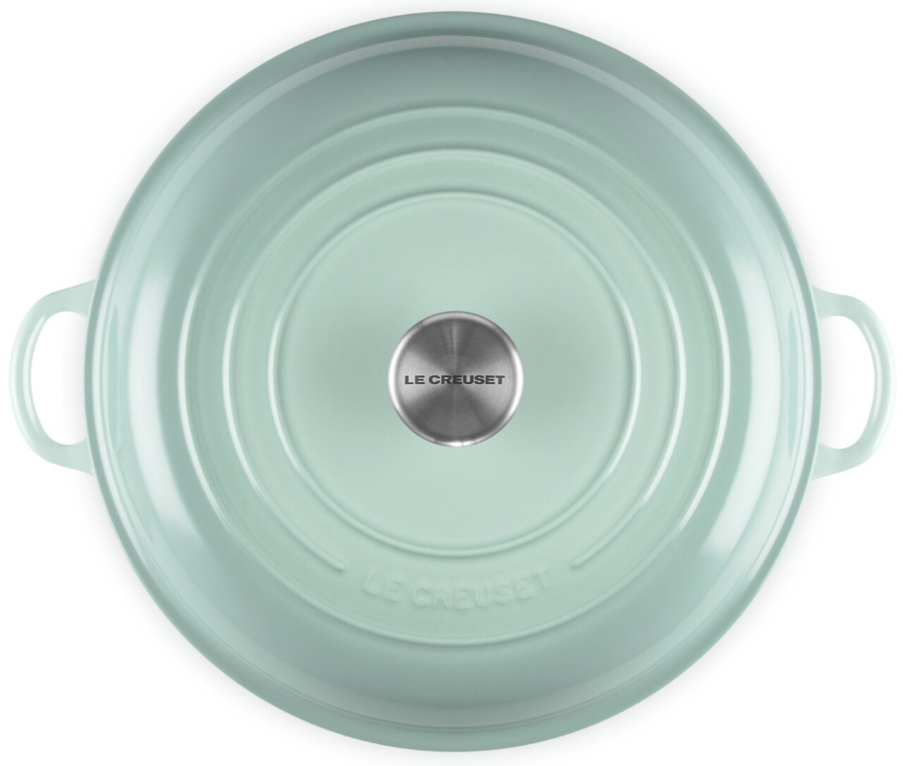 LE CREUSET Professionele gourmetpan 30 cm SAGE Mintgroene Le Creuset-braadpan met deksel en handgrepen aan de zijkant, bovenaanzicht op een witte achtergrond