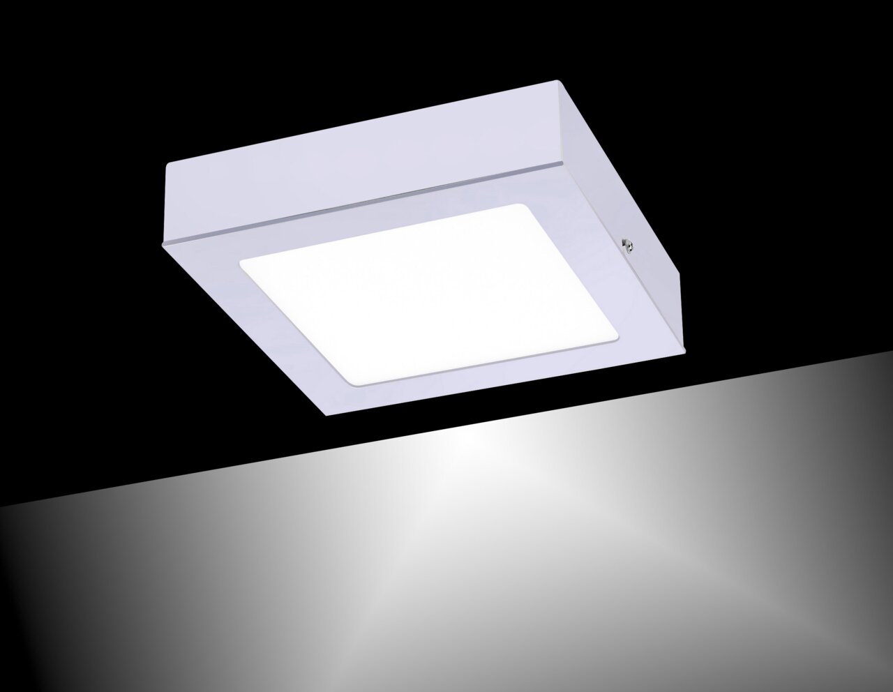 Just Light Einbau-/Aufbauleuchte OSKAR OSKAR Quadratische Einbau- und Aufbauleuchte OSKAR in Weiß, von unten betrachtet, mit gleichmäßiger Lichtverteilung.
