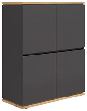 Modernes Highboard in dunklem Grau mit Holzdetails, seitliche Perspektive