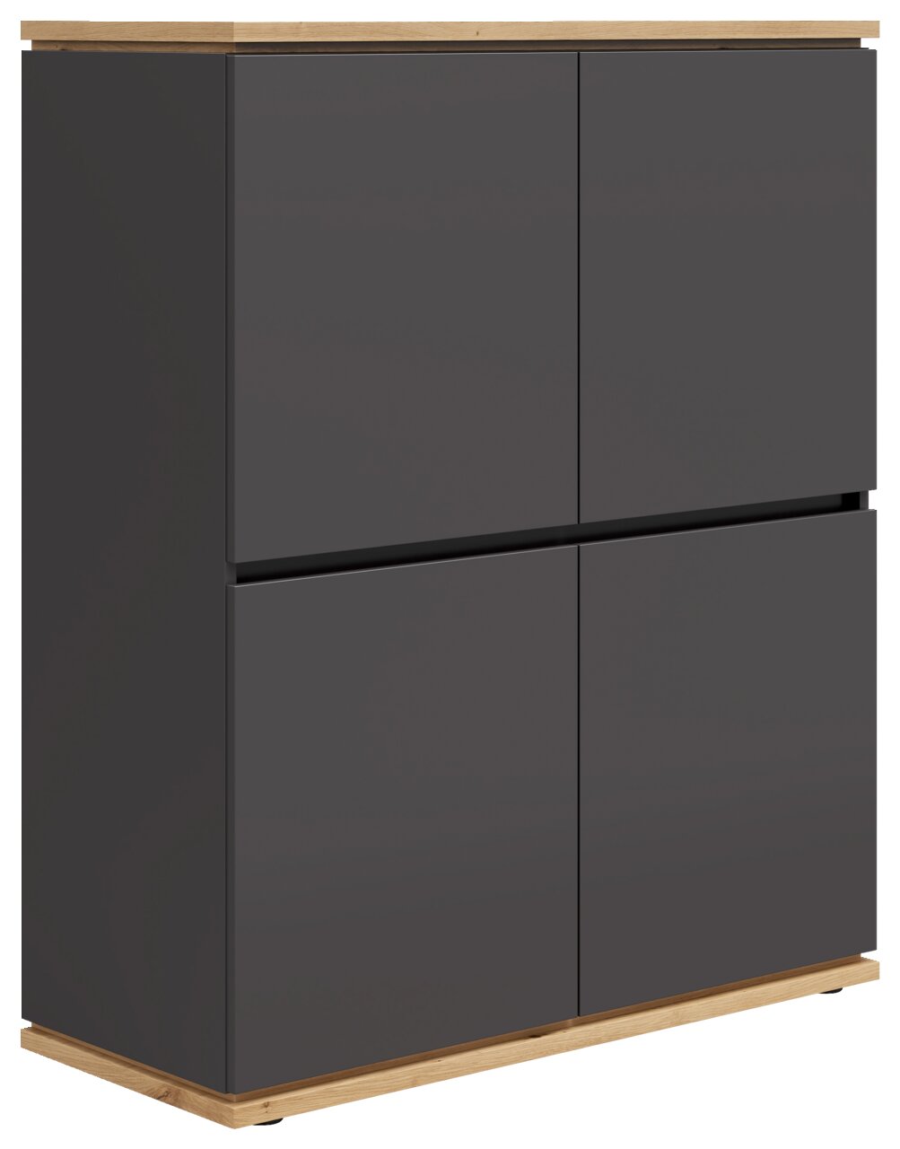 Modernes Highboard in dunklem Grau mit Holzdetails, seitliche Perspektive