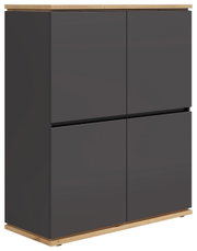 Modernes Highboard in dunklem Grau mit Holzdetails, seitliche Perspektive