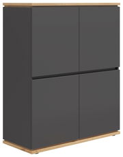 Modernes Highboard in dunklem Grau mit Holzdetails, seitliche Perspektive
