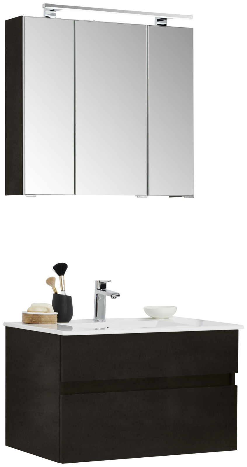 Moderner Badblock mit Spiegelschrank und Waschbecken, seitliche Perspektive