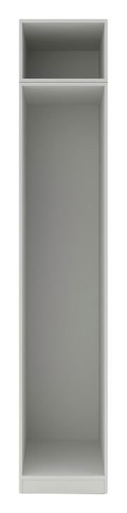 Frontale Ansicht eines grauen Kleiderschrank-Korpus mit zwei offenen Fächern, geeignet für die Integration in ein größeres Schranksystem.