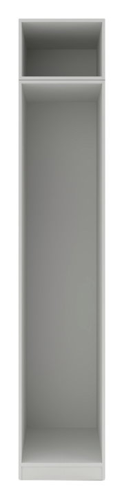 Frontale Ansicht eines grauen Kleiderschrank-Korpus mit zwei offenen Fächern, geeignet für die Integration in ein größeres Schranksystem.