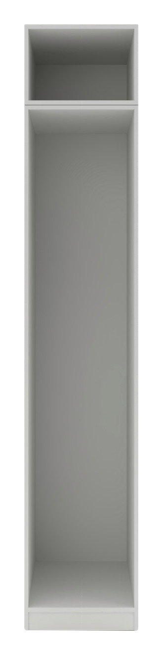 Frontale Ansicht eines grauen Kleiderschrank-Korpus mit zwei offenen Fächern, geeignet für die Integration in ein größeres Schranksystem.