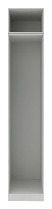 Frontale Ansicht eines grauen Kleiderschrank-Korpus mit zwei offenen Fächern, geeignet für die Integration in ein größeres Schranksystem.