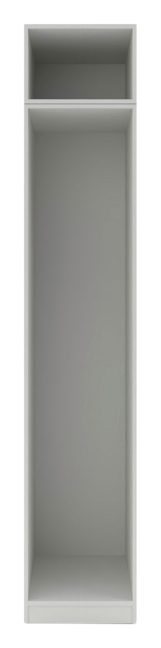 Frontale Ansicht eines grauen Kleiderschrank-Korpus mit zwei offenen Fächern, geeignet für die Integration in ein größeres Schranksystem.