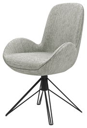 Moderner Armlehnstuhl mit grauem Stoffbezug und schwarzem Metallgestell, seitliche Perspektive