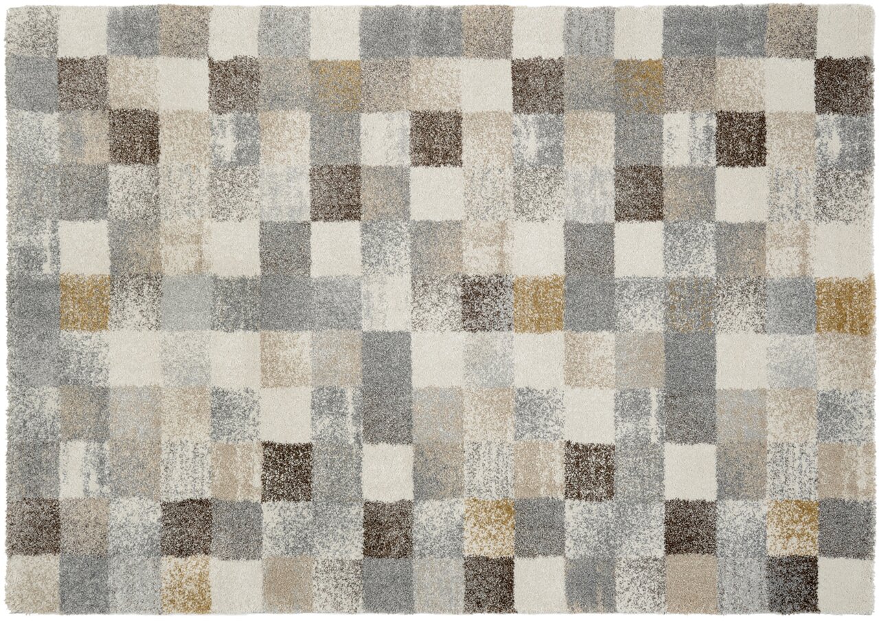Frisé-Teppich mit einem modernen, karierten Muster in verschiedenen Grautönen, Beige und Braun, aus der Vogelperspektive betrachtet.