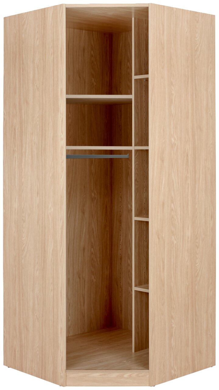 Hom´in Eckschrank Korpus UNIT Eckschrank aus hellem Holz mit offener Vorderseite, zeigt Regale und Kleiderstange, Perspektive von vorne