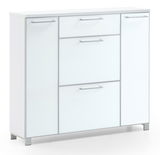 Moderner weißer Schuhschrank mit mehreren Schubladen und Türen, seitliche Perspektive