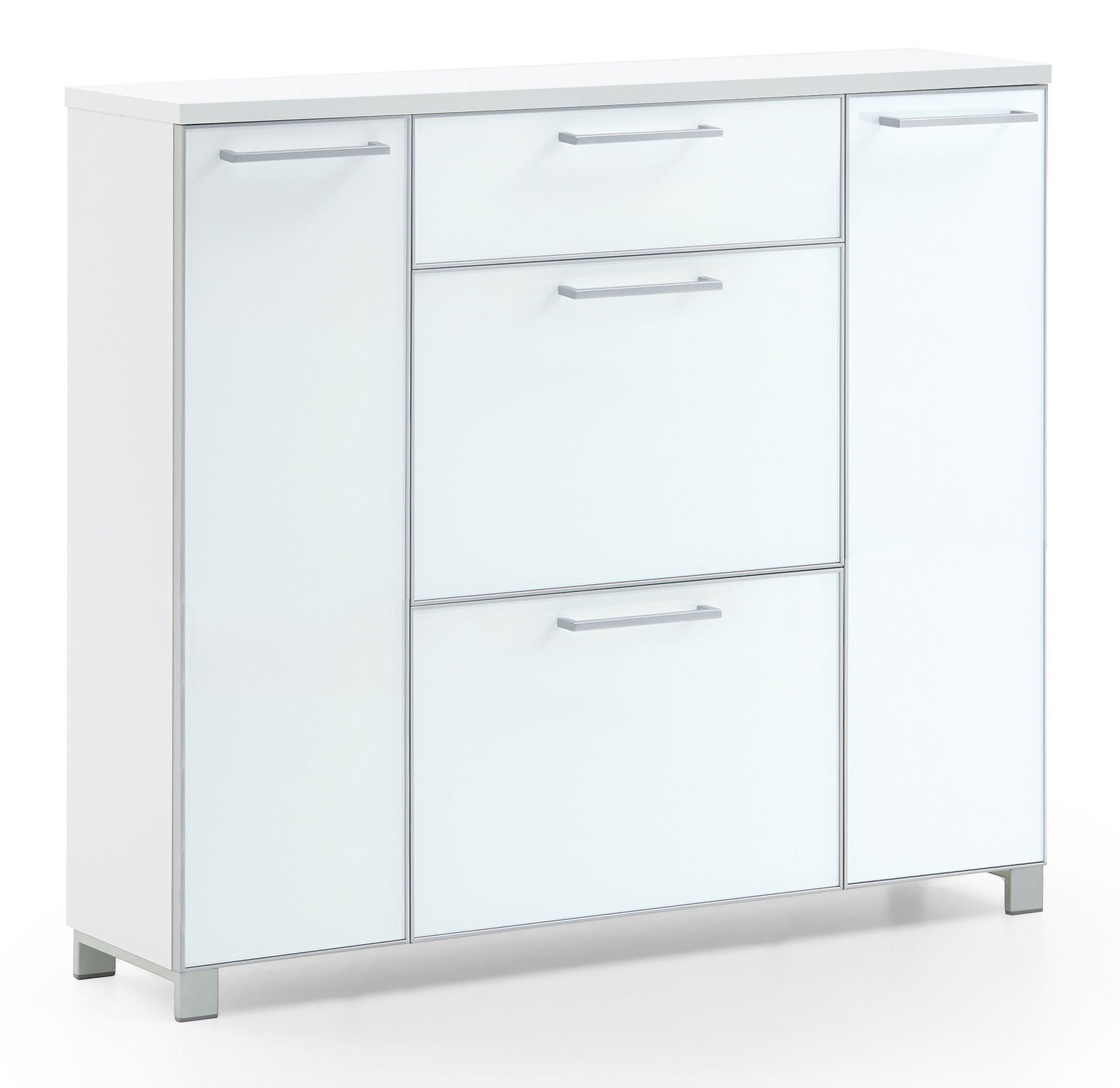 VOSS Schuhschrank SANTINA Moderner weißer Schuhschrank mit mehreren Schubladen und Türen, seitliche Perspektive