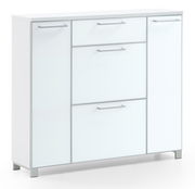 Moderner weißer Schuhschrank mit mehreren Schubladen und Türen, seitliche Perspektive