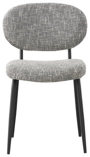 Moderner Stuhl mit grauem Stoffbezug und schwarzen Metallbeinen, Frontalansicht.