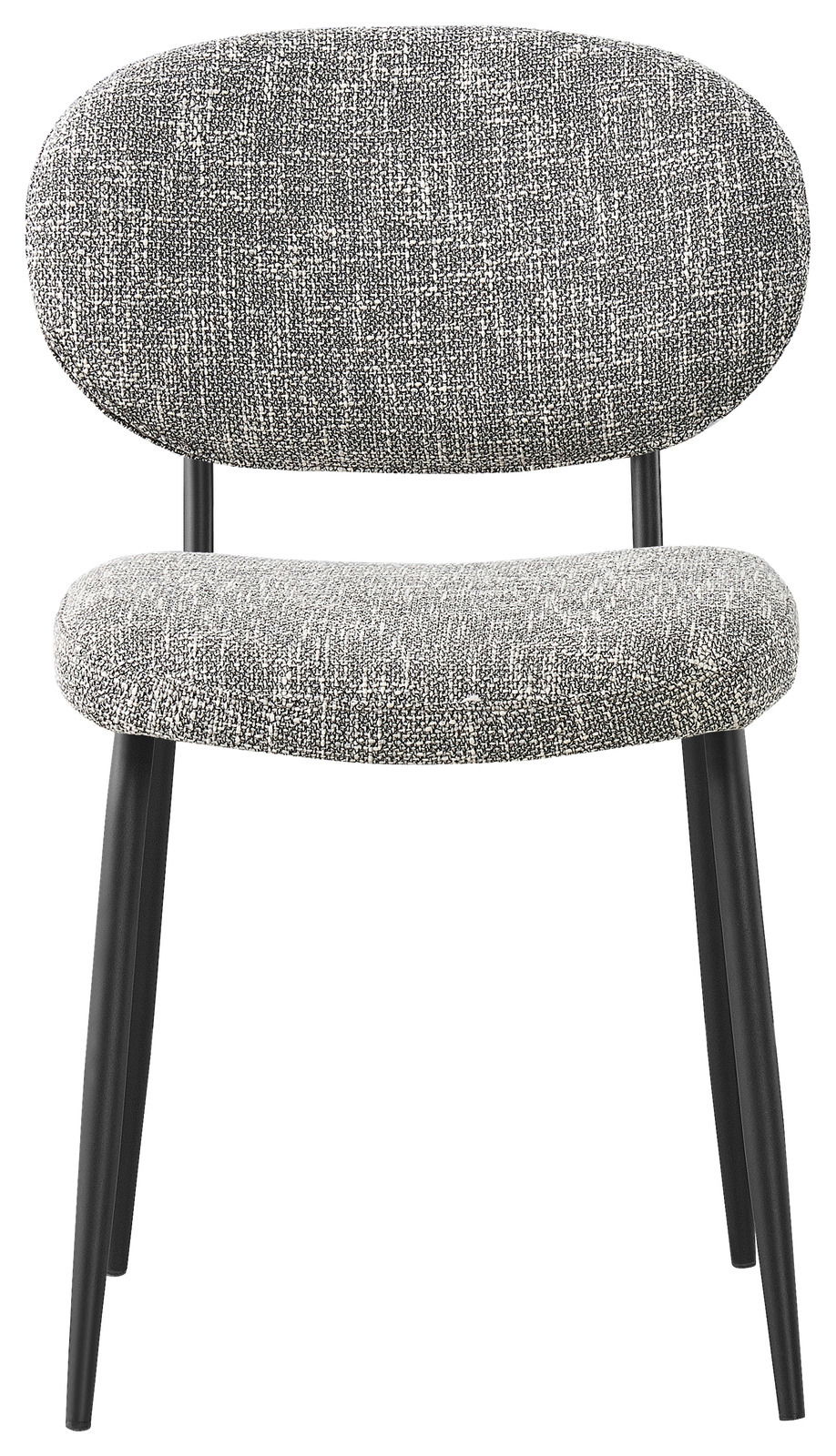 Moderner Stuhl mit grauem Stoffbezug und schwarzen Metallbeinen, Frontalansicht.