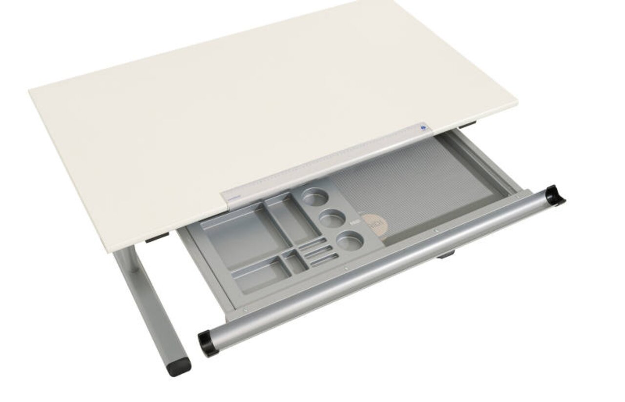 Paidi Bakje voor keukengerei MARCO2 Een opbergbak onder een tafel, gezien van bovenaf, met verschillende vakken om kantoorbenodigdheden overzichtelijk op te bergen.