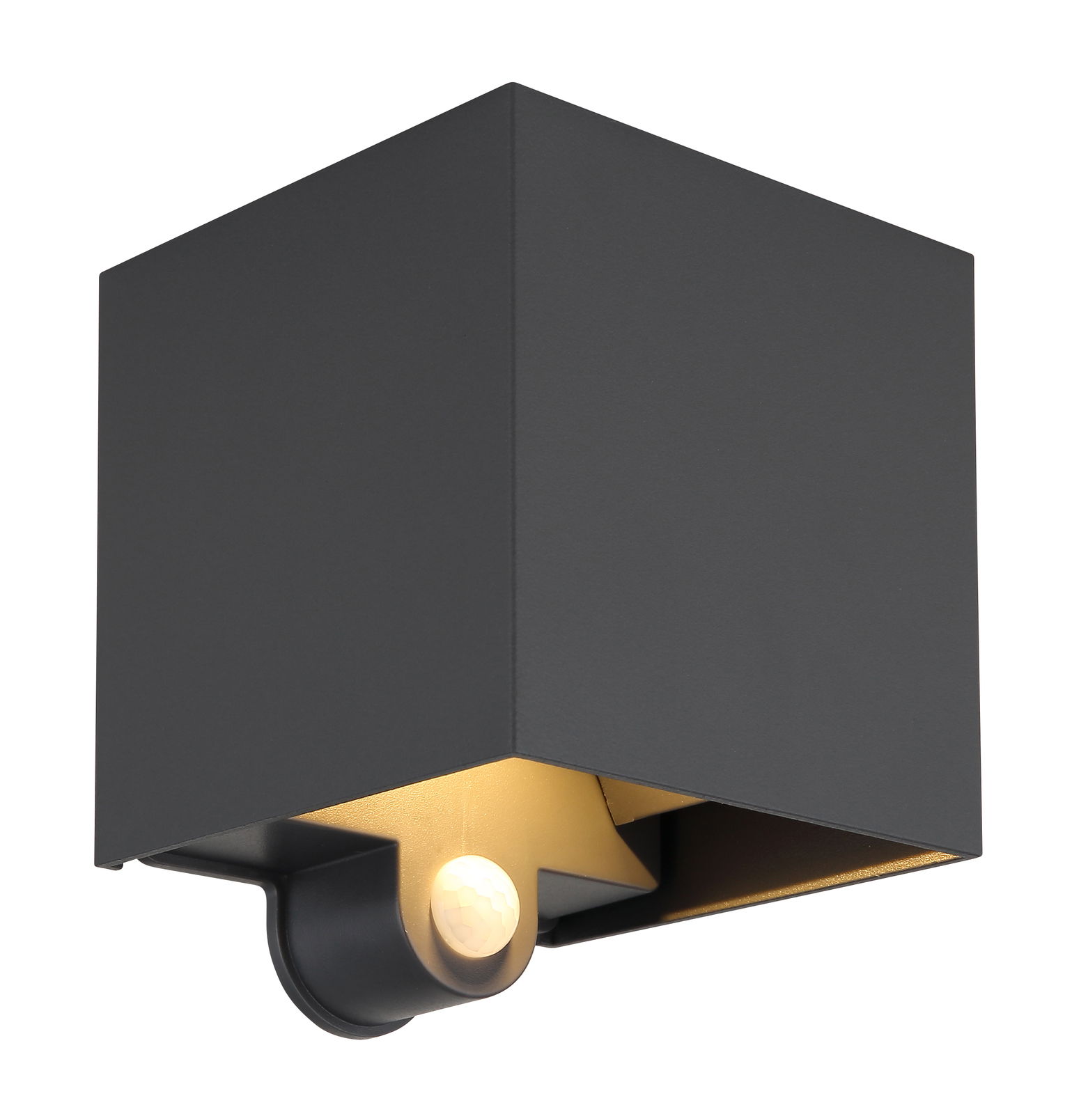 Moderne LED-Außenwandleuchte in schwarzem, kubischem Design mit integriertem Sensor, seitliche Perspektive.