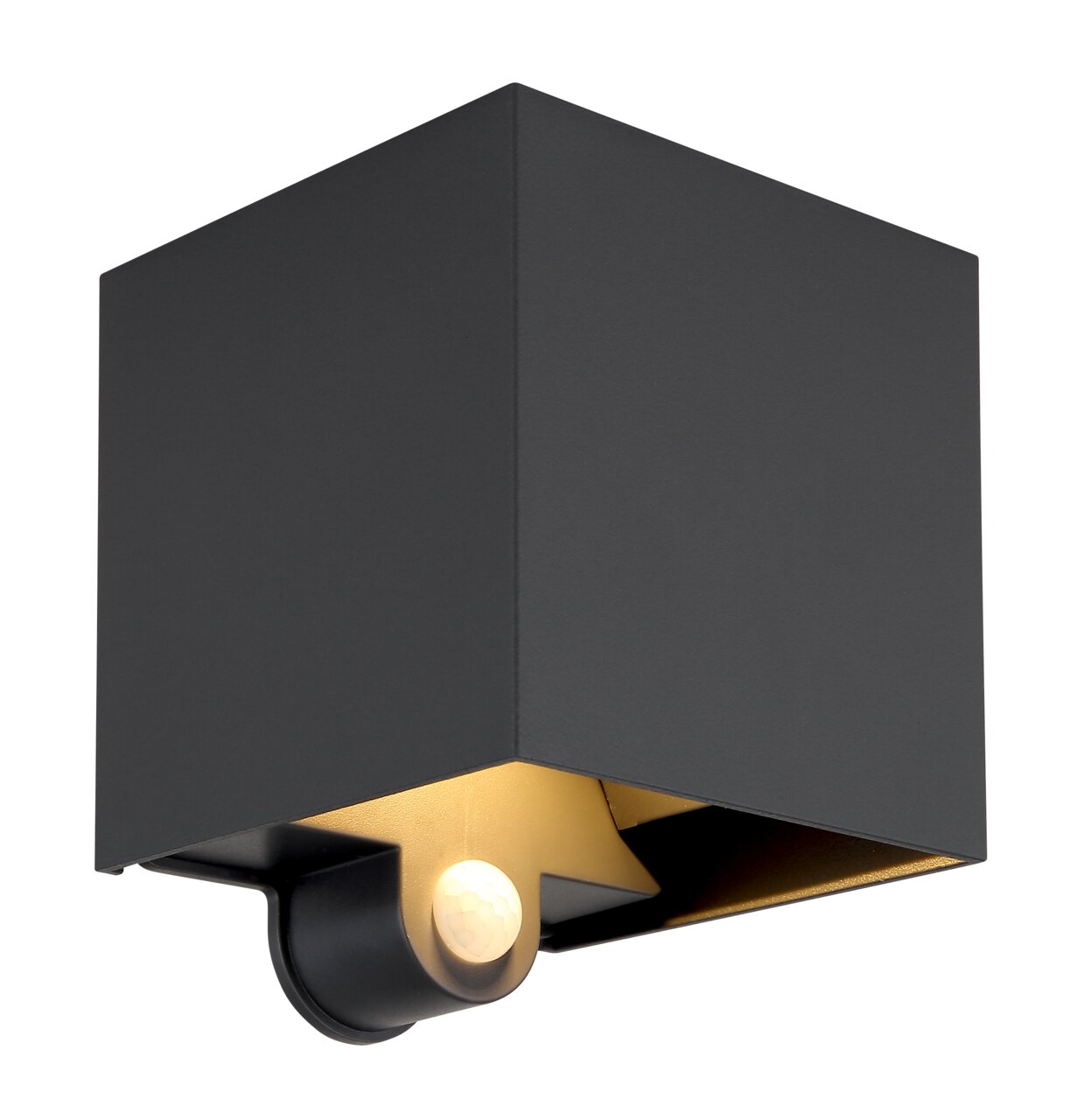 Moderne LED-Außenwandleuchte in schwarzem, kubischem Design mit integriertem Sensor, seitliche Perspektive.