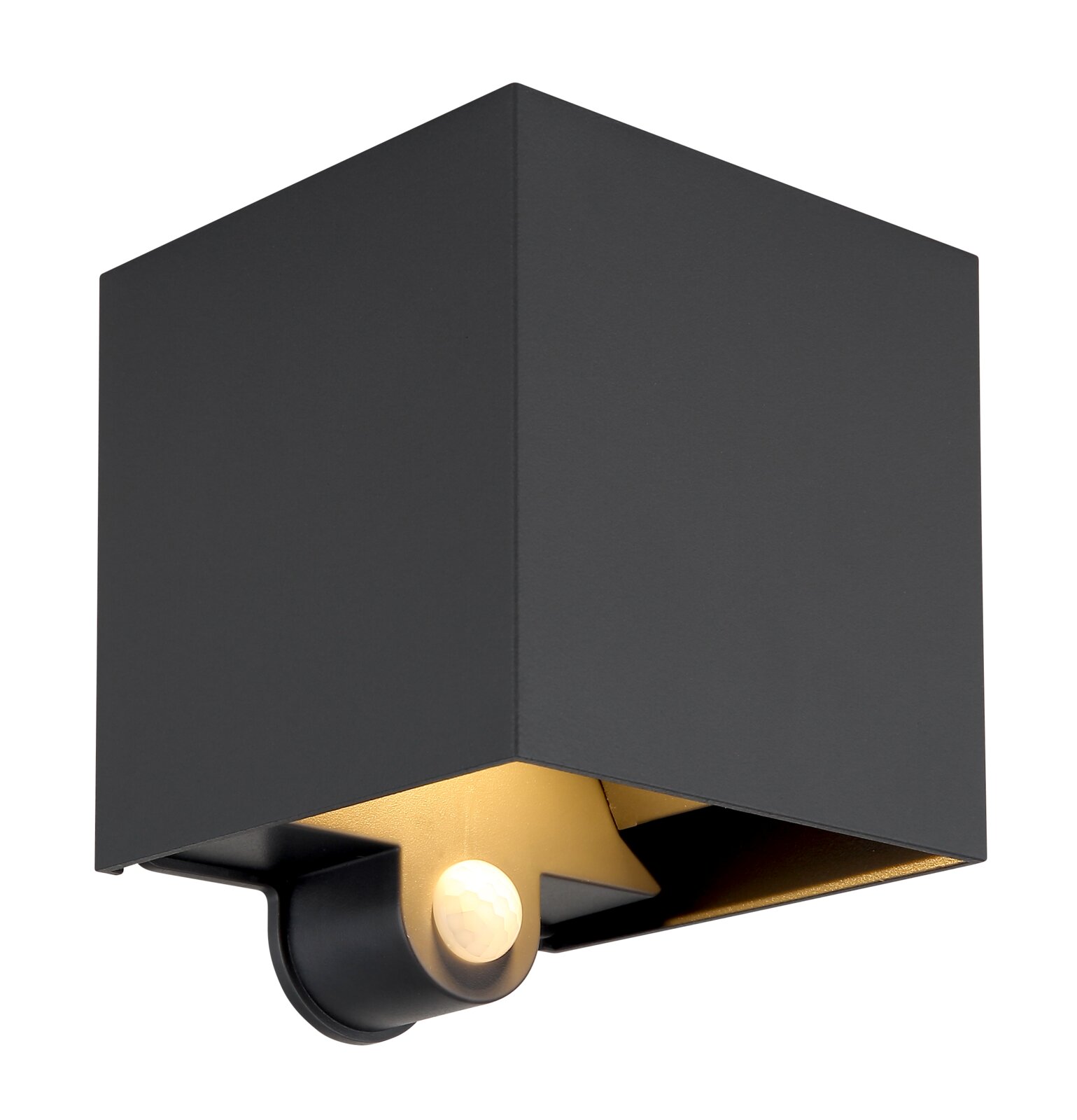 Moderne LED-Außenwandleuchte in schwarzem, kubischem Design mit integriertem Sensor, seitliche Perspektive.