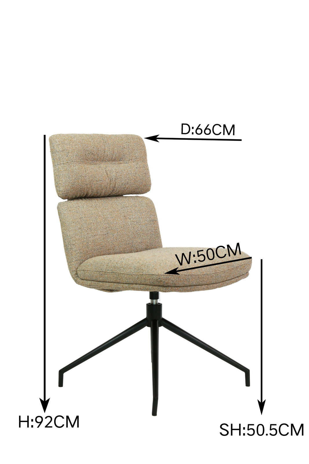 Moderner Stuhl mit gepolsterter Rückenlehne und Sitzfläche, Seitenansicht, auf schwarzem Metallgestell.