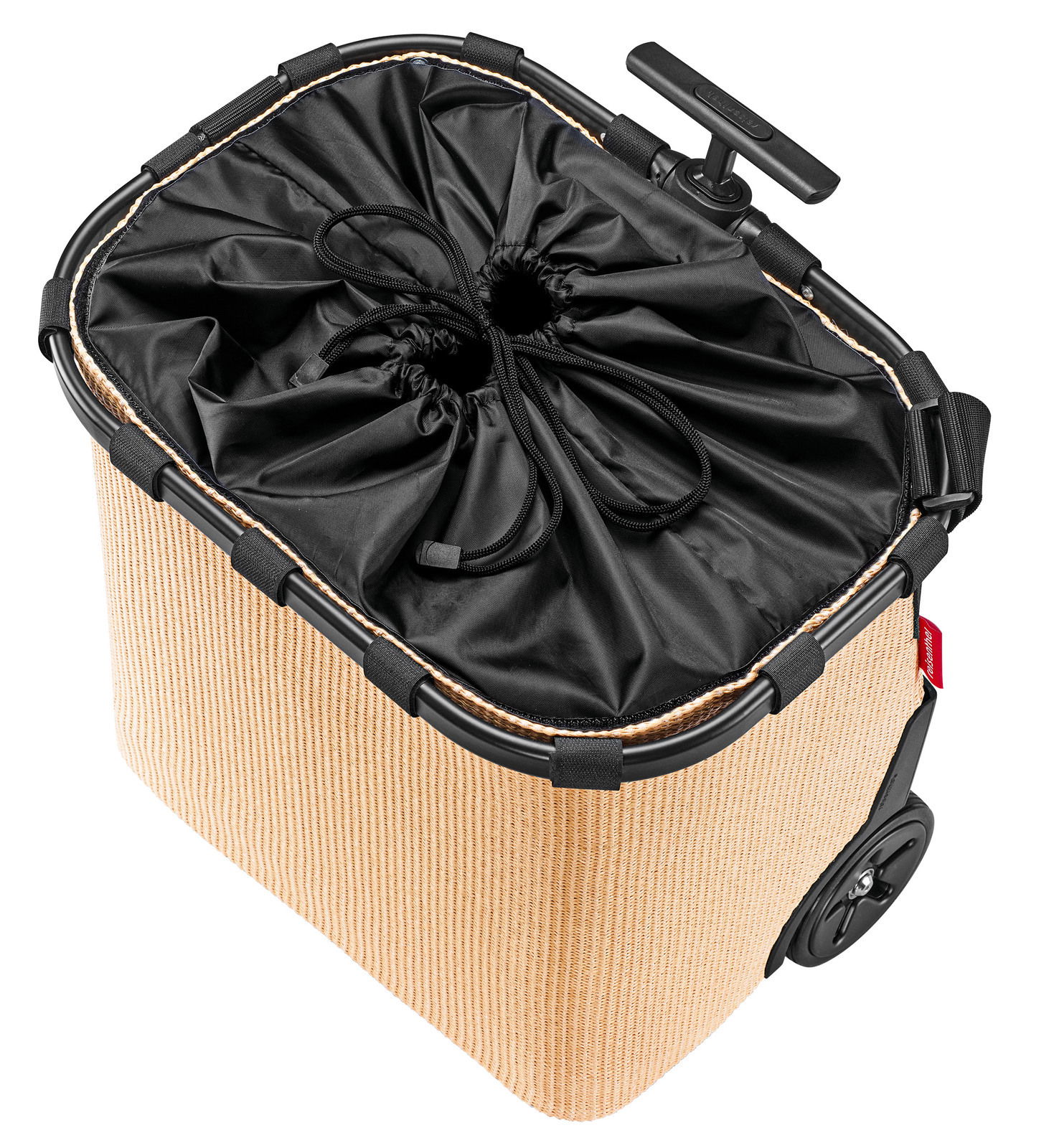 Carrycruiser aus der Vogelperspektive mit schwarzem Kordelzugverschluss und Teleskopgriff, beige Struktur.