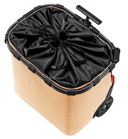 Carrycruiser aus der Vogelperspektive mit schwarzem Kordelzugverschluss und Teleskopgriff, beige Struktur.