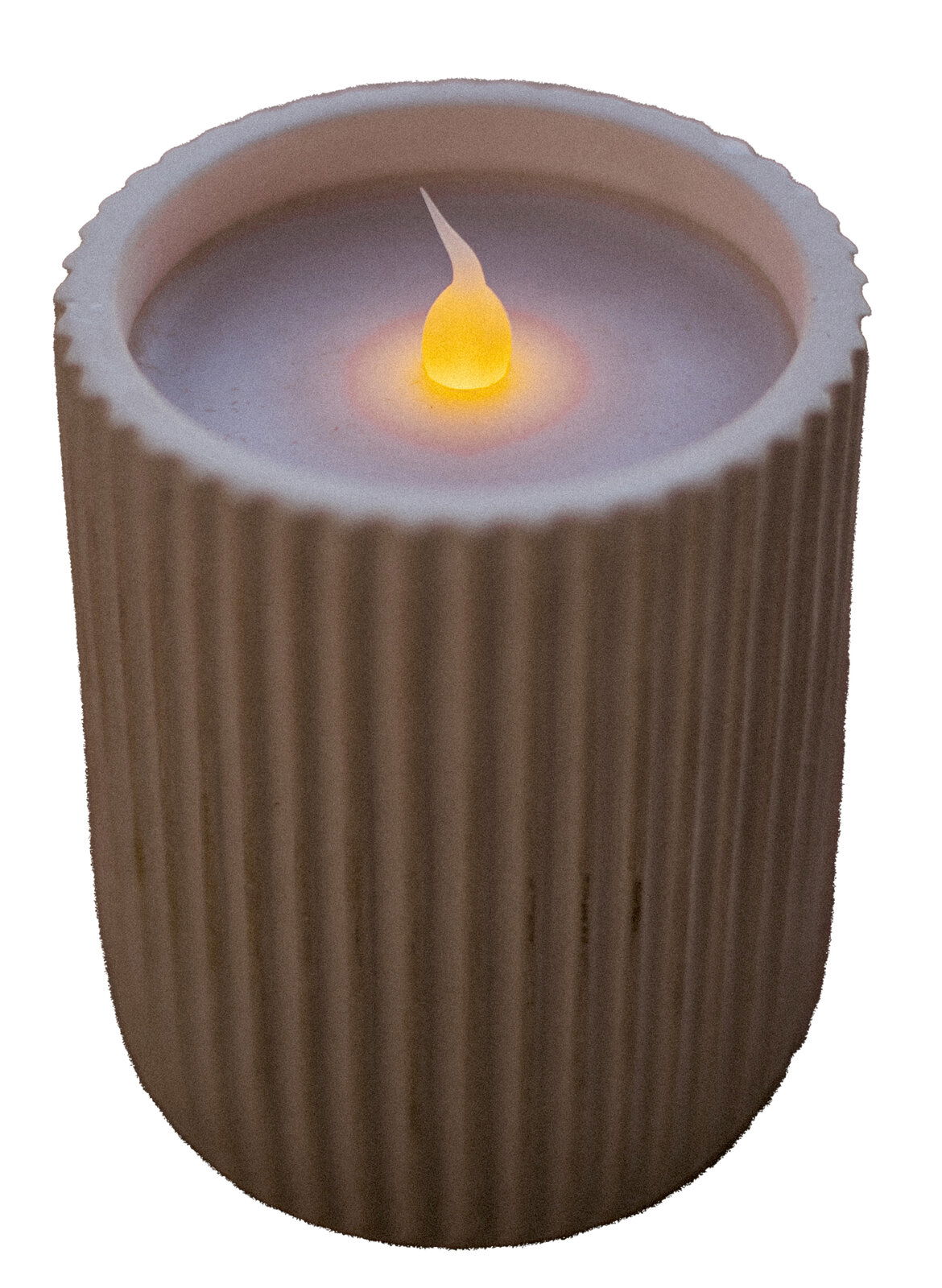 Outdoor-Kerze mit geriffeltem Rand und leuchtender Flamme, seitliche Perspektive