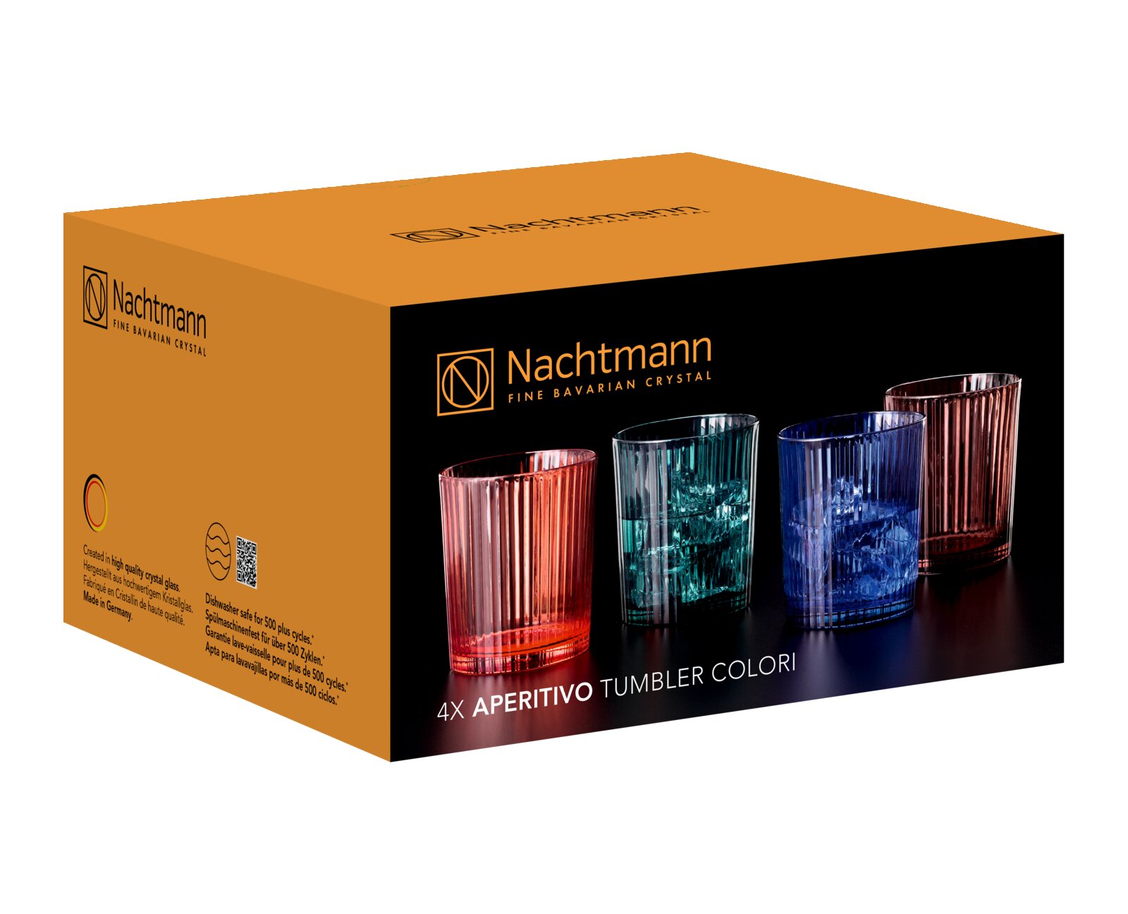 Verpackung des Nachtmann Becher Sets 4-teilig mit bunten Kristallgläsern, perspektivisch von vorne links fotografiert.