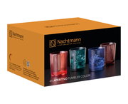 Verpackung des Nachtmann Becher Sets 4-teilig mit bunten Kristallgläsern, perspektivisch von vorne links fotografiert.