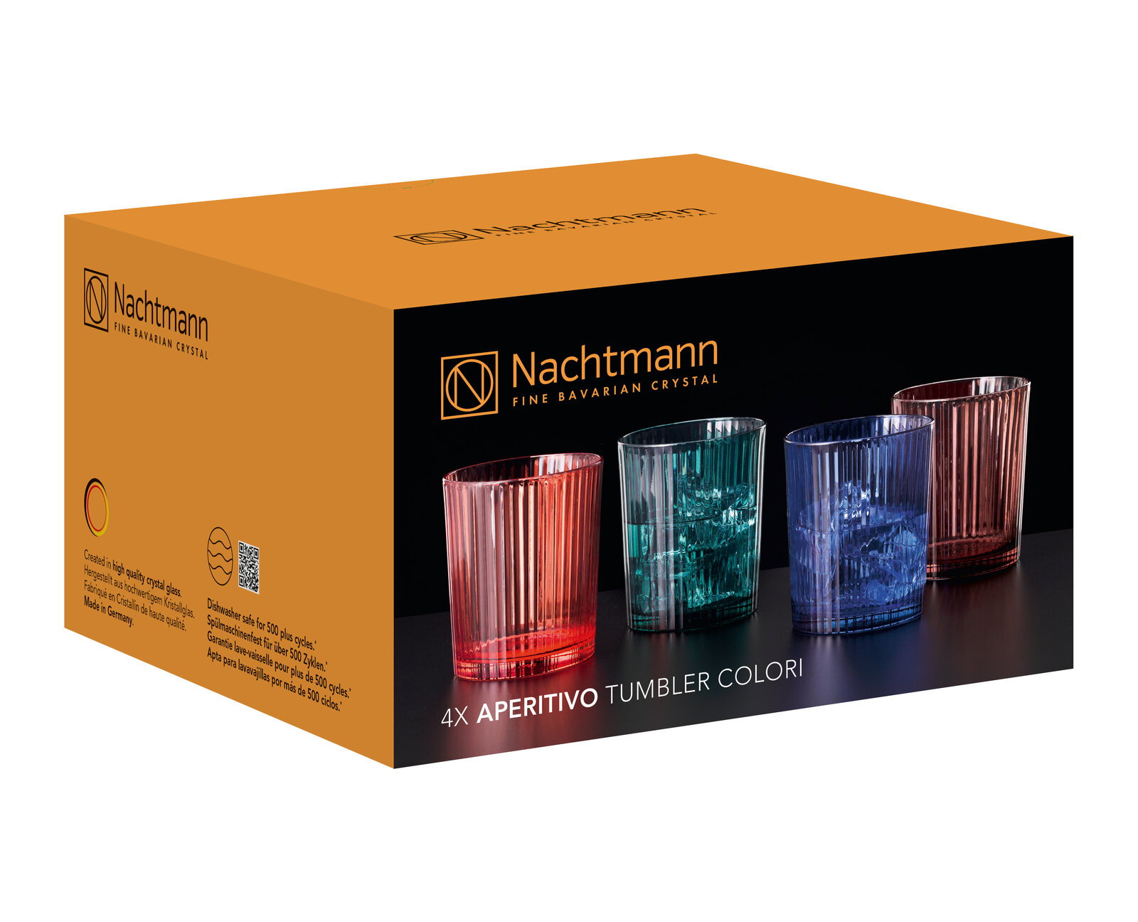 Verpackung des Nachtmann Becher Sets 4-teilig mit bunten Kristallgläsern, perspektivisch von vorne links fotografiert.