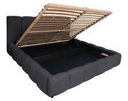 Polsterbettgestell mit hochgeklapptem Lattenrost, seitliche Perspektive