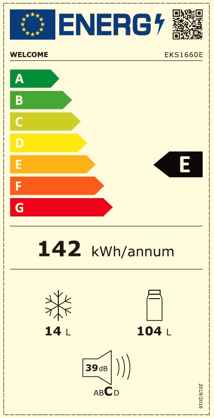 Energieeffizienzlabel für ein Küchengerät mit der Klasse E, 142 kWh pro Jahr, 14 Liter Gefrierfach, 104 Liter Kühlfach, 39 dB Lautstärke. Frontalansicht.