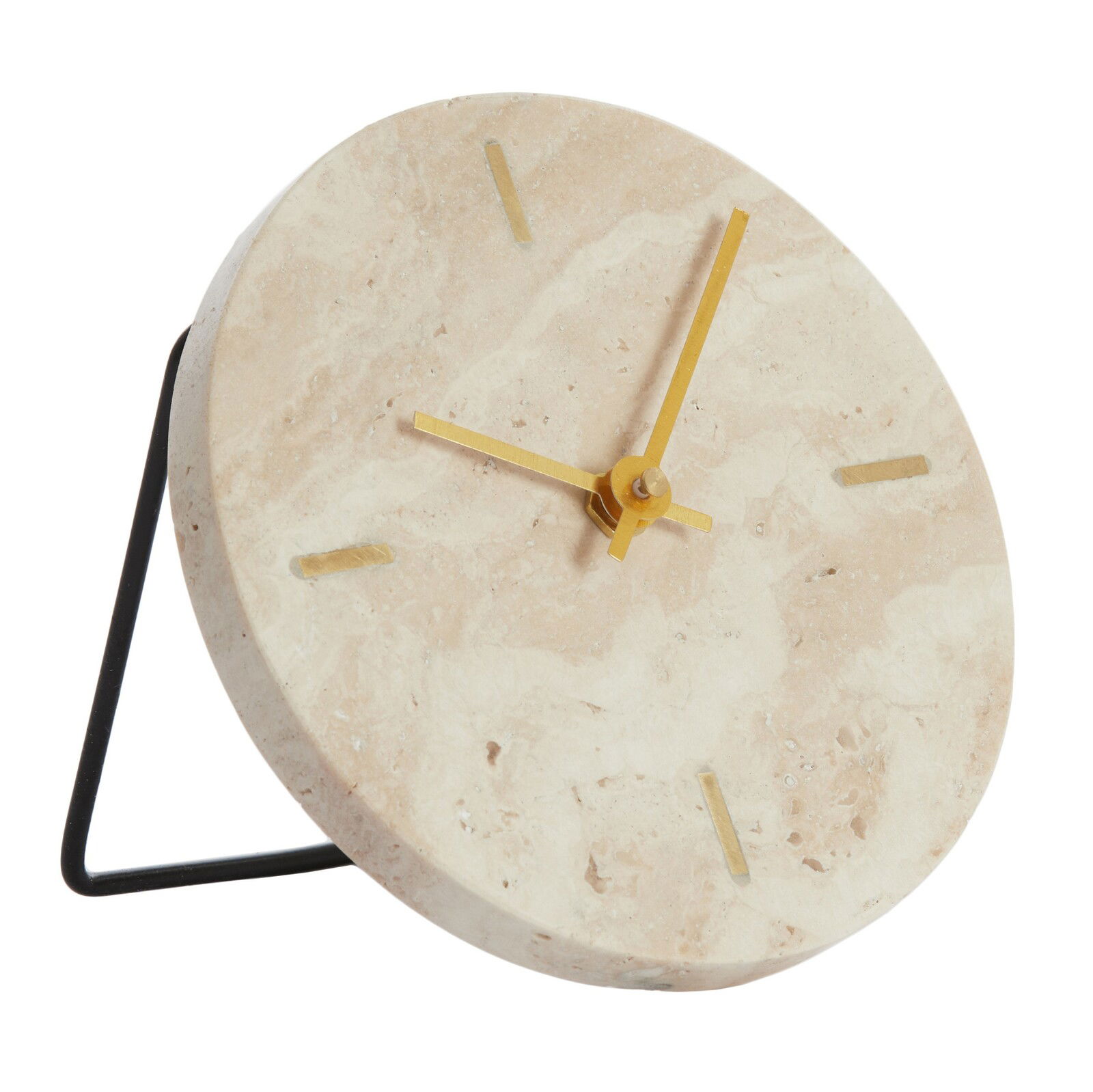 Moderne Tischuhr aus hellem Stein mit goldenen Zeigern und minimalistischen Markierungen, seitliche Perspektive