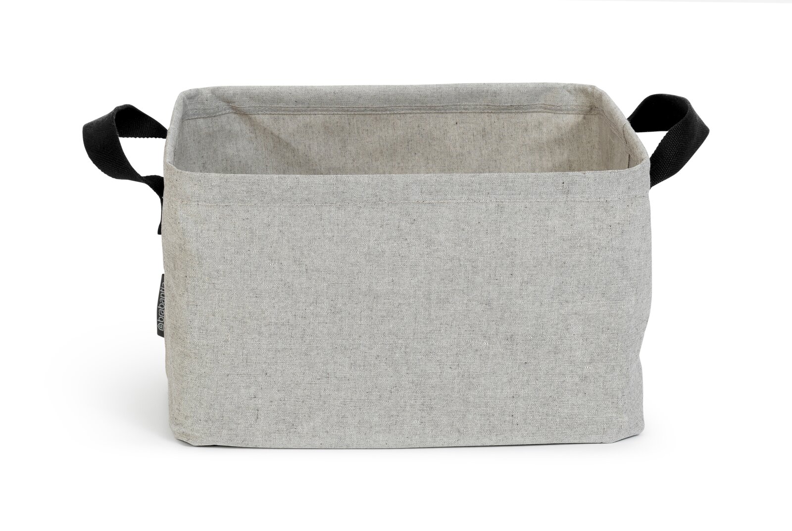 Opvouwbare wasmand van grijze stof met zwarte handvatten, gefotografeerd van voren.
