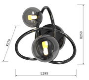 Moderne Wandleuchte Nancy mit zwei kugelförmigen Glaskörpern und geschwungenem Metallrahmen, Ansicht von oben.