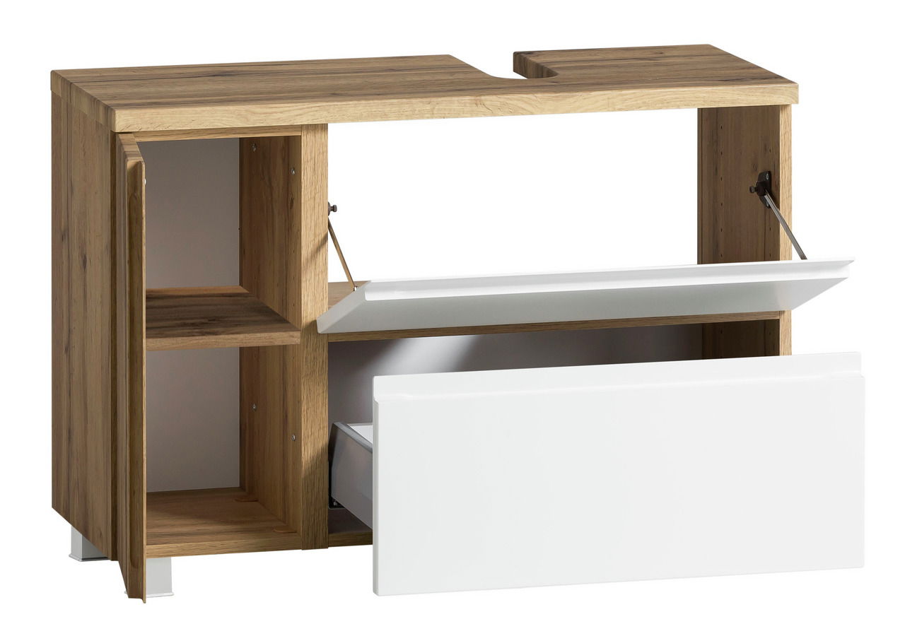 Waschbeckenunterschrank aus Holz mit offenen Türen und Schubladen, Perspektive von vorne rechts