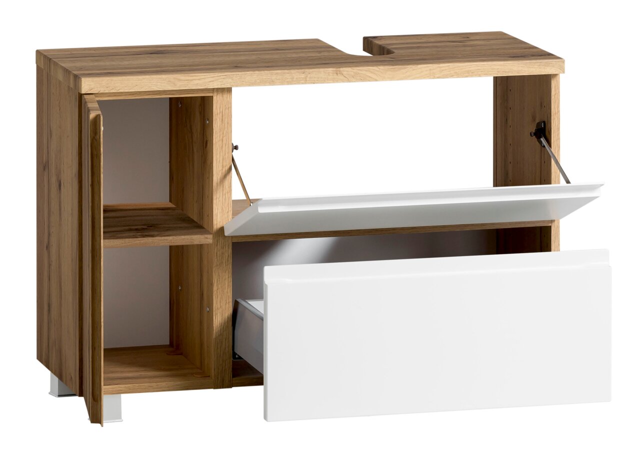 Waschbeckenunterschrank aus Holz mit offenen Türen und Schubladen, Perspektive von vorne rechts