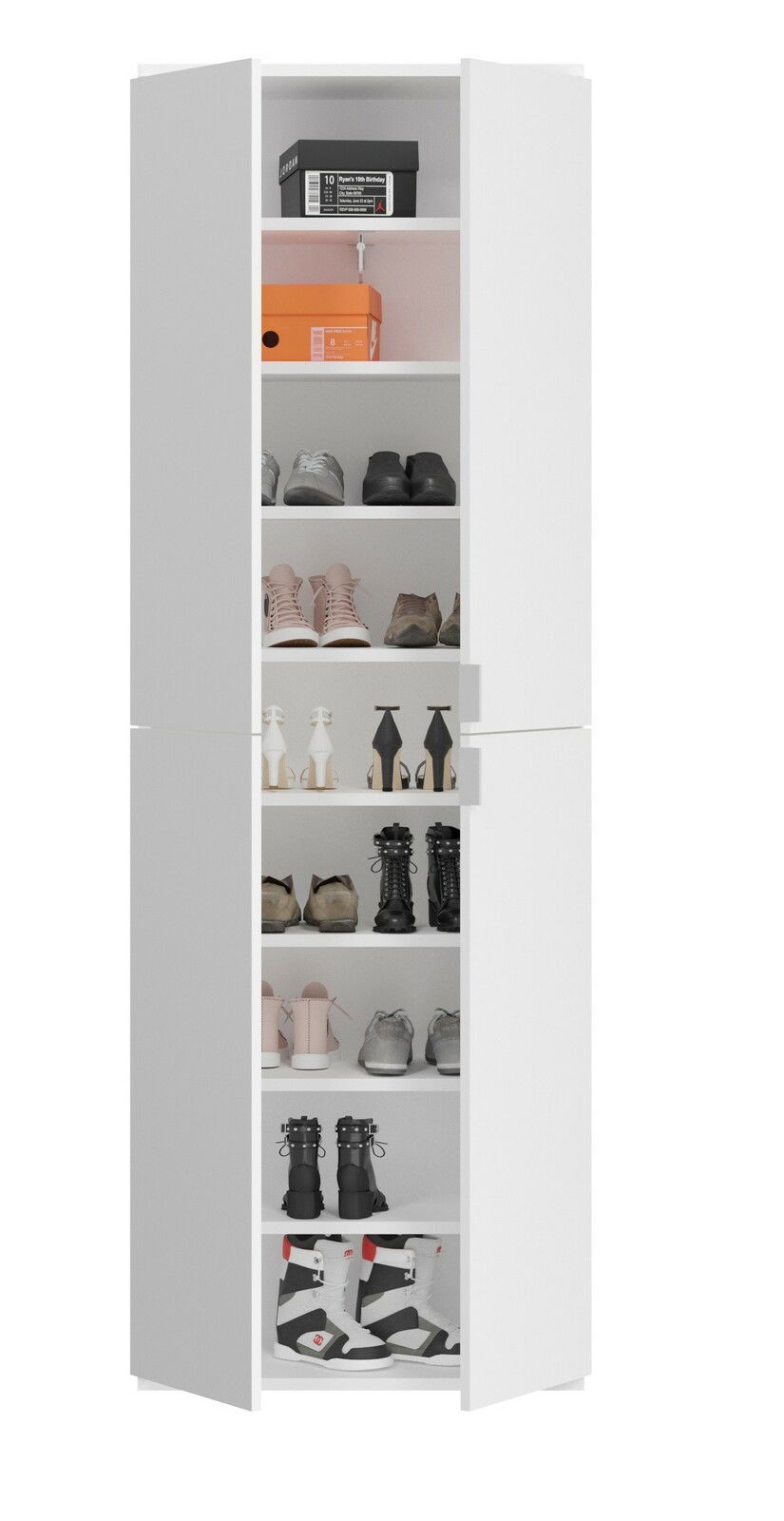 Weiße Garderobenkombination mit mehreren Regalböden, gefüllt mit verschiedenen Schuhen und Kartons, frontal betrachtet.