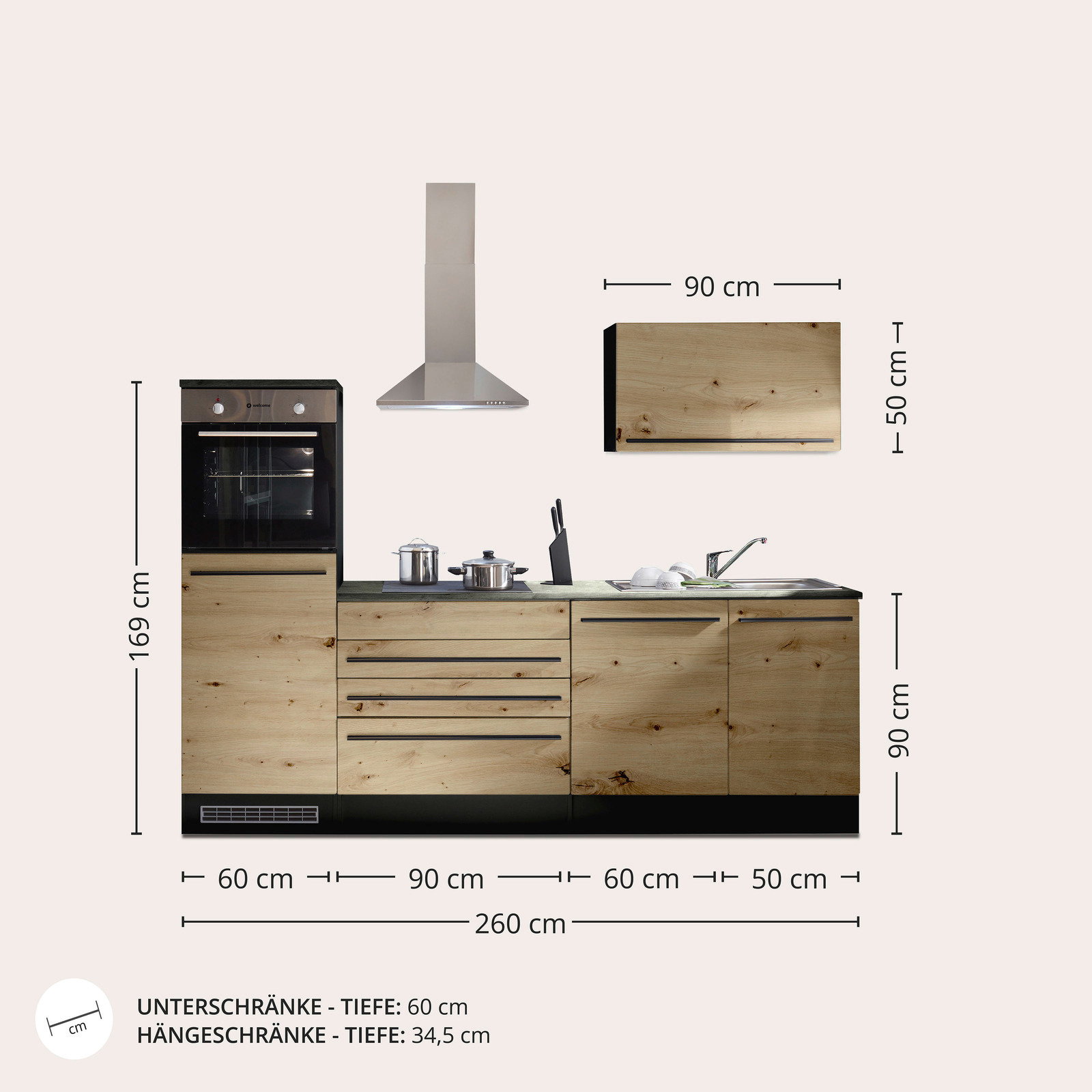 Küchenblock 260 cm ohne Elektrogeräte, Frontansicht. Enthält Unterschränke und Hängeschrank in Holzoptik mit Maßen: Unterschränke 60 cm tief, Hängeschränke 34,5 cm tief.