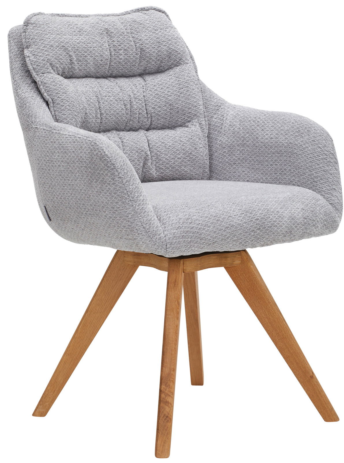 Linea Natura Fauteuil COMO Grauer Armlehnstuhl mit gepolsterter Sitzfläche und Rückenlehne, auf vier hölzernen Beinen, seitliche Perspektive