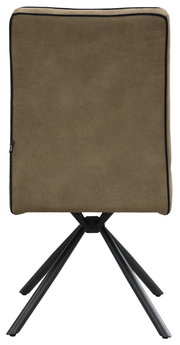 Rückansicht eines Stuhls mit brauner Polsterung und schwarzen Metallbeinen.