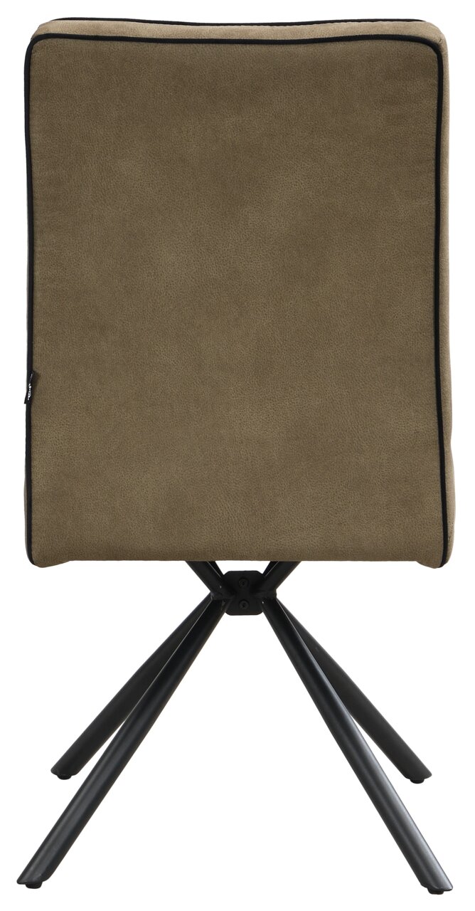 Rückansicht eines Stuhls mit brauner Polsterung und schwarzen Metallbeinen.