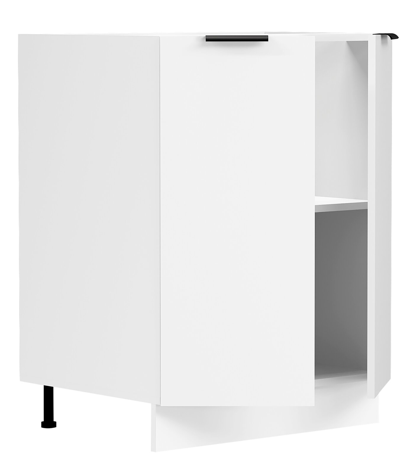 VCM Unterschrank 60 cm FASOLA Weißer Unterschrank/Küchenschrank mit Tür und schwarzem Griff, rechts offenes Regalfach, freistehend auf Füßen; Ansicht schräg von vorn (Front- und rechte Seite sichtbar).